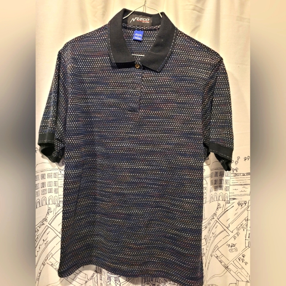 EUC Men's Black With Various Colors FUEGO Golf Apparel Polo Size Large